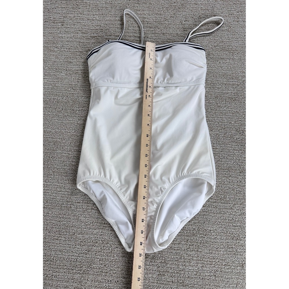 Lands End Women's White One Piece Swimsuit Navy Striped Trim Size 4 Cutout Back - Picture 3 of 9